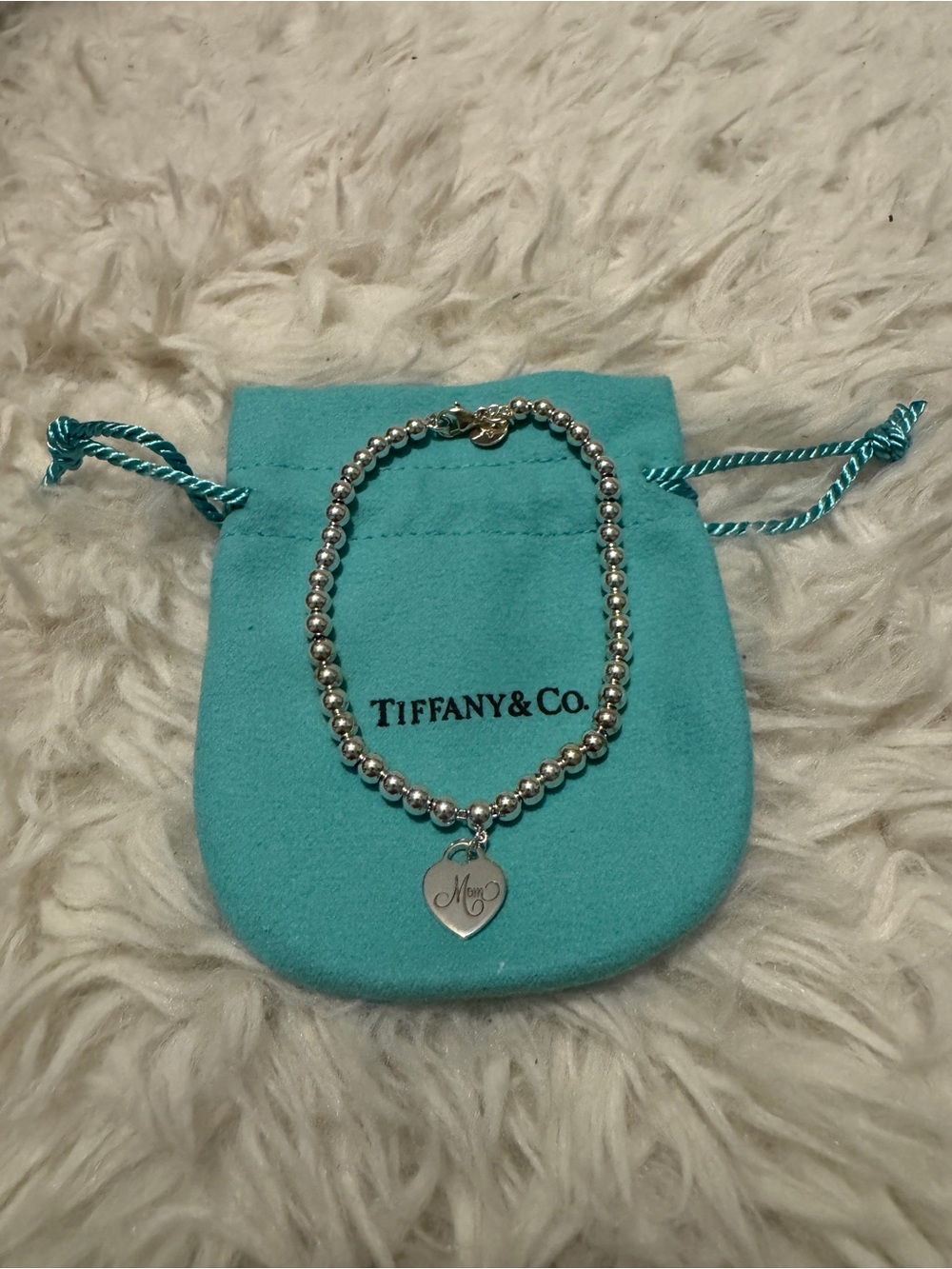 Tiffany & Co. Silver Beaded Bracelet with Mom Heart Tag Charm - Silver